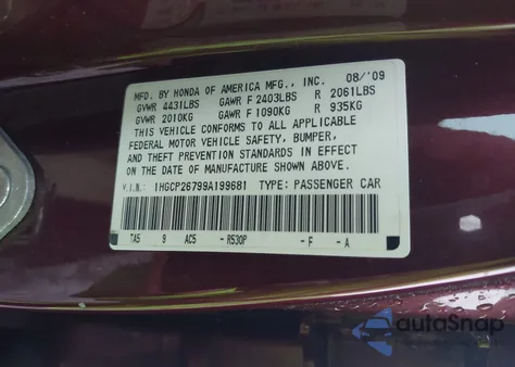 2009 Honda Accord 2.4 Ex z USA, uszkodzony, nr VIN 1HGCP26799A199681